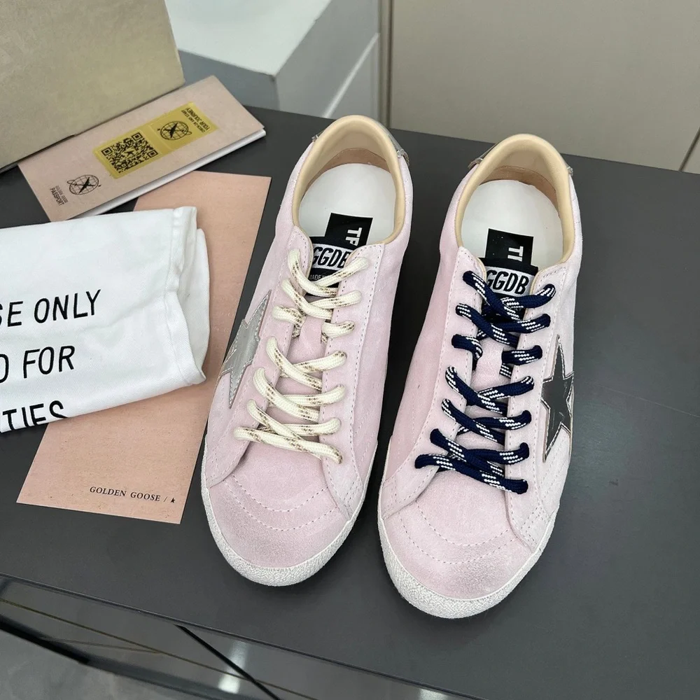 Golden Goose Pink Suede Sneakers with Navy Laces